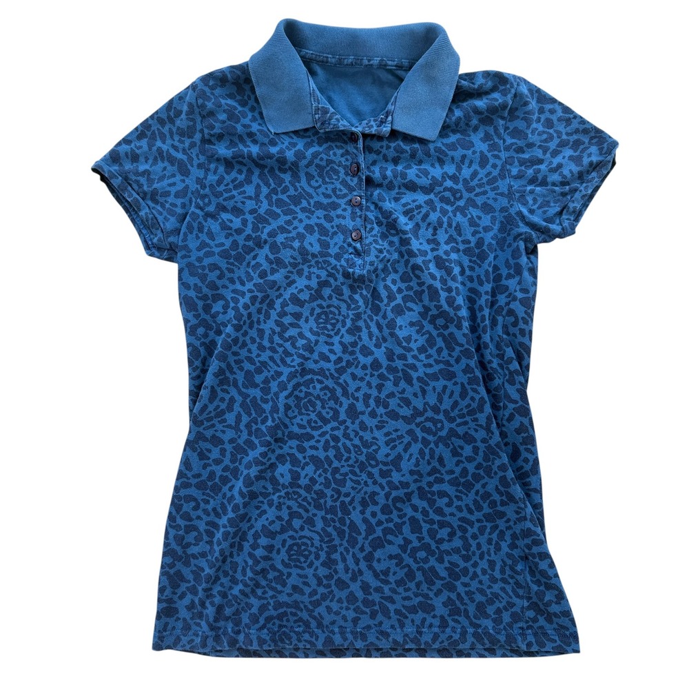 Leopard Print Polo Shirt Cap Sleeve Indie Sleaze Medium Navy Blue Y2K 2010s